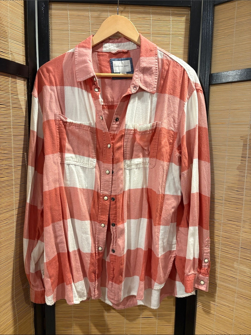 American Eagle Outfitters Coral and Cream Buffalo Plaid Button-Down Shirt